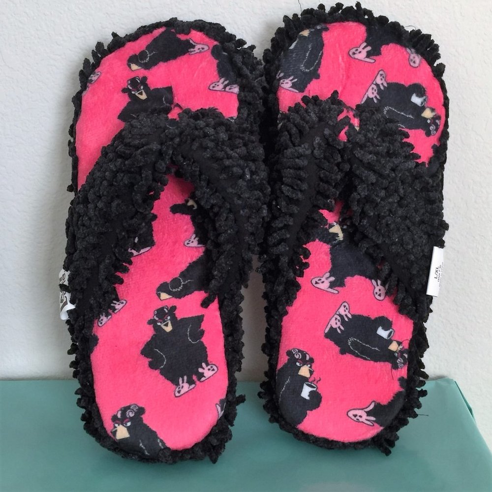 Women's Pink & Black Lazy One Spa Slippers in Bear Theme